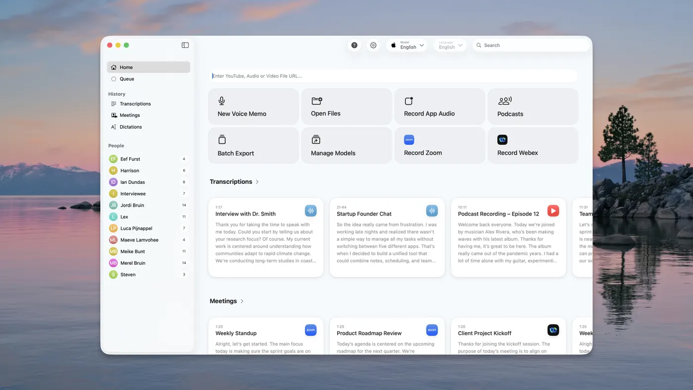 MacWhisper home screen with buttons for New Voice Memo, Open Files, Record App Audio, Podcasts, Batch Export, Manage Models, Record Zoom and Record Webex