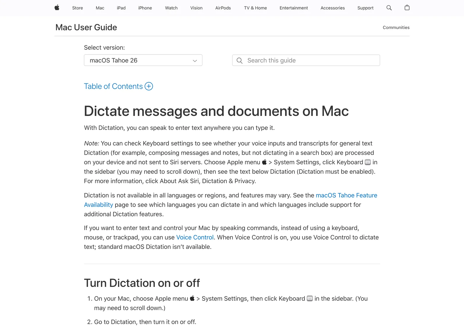 Apple Mac User Guide page for Dictation on macOS Tahoe, describing on-device processing of general text dictation