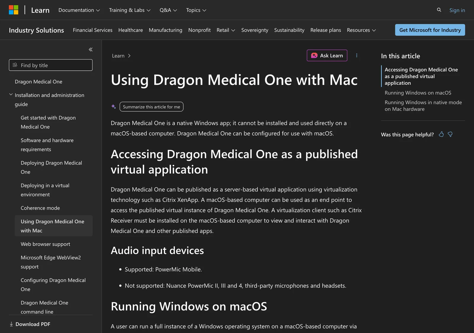 Microsoft Learn documentation page stating Dragon Medical One is a native Windows app that cannot be installed directly on macOS