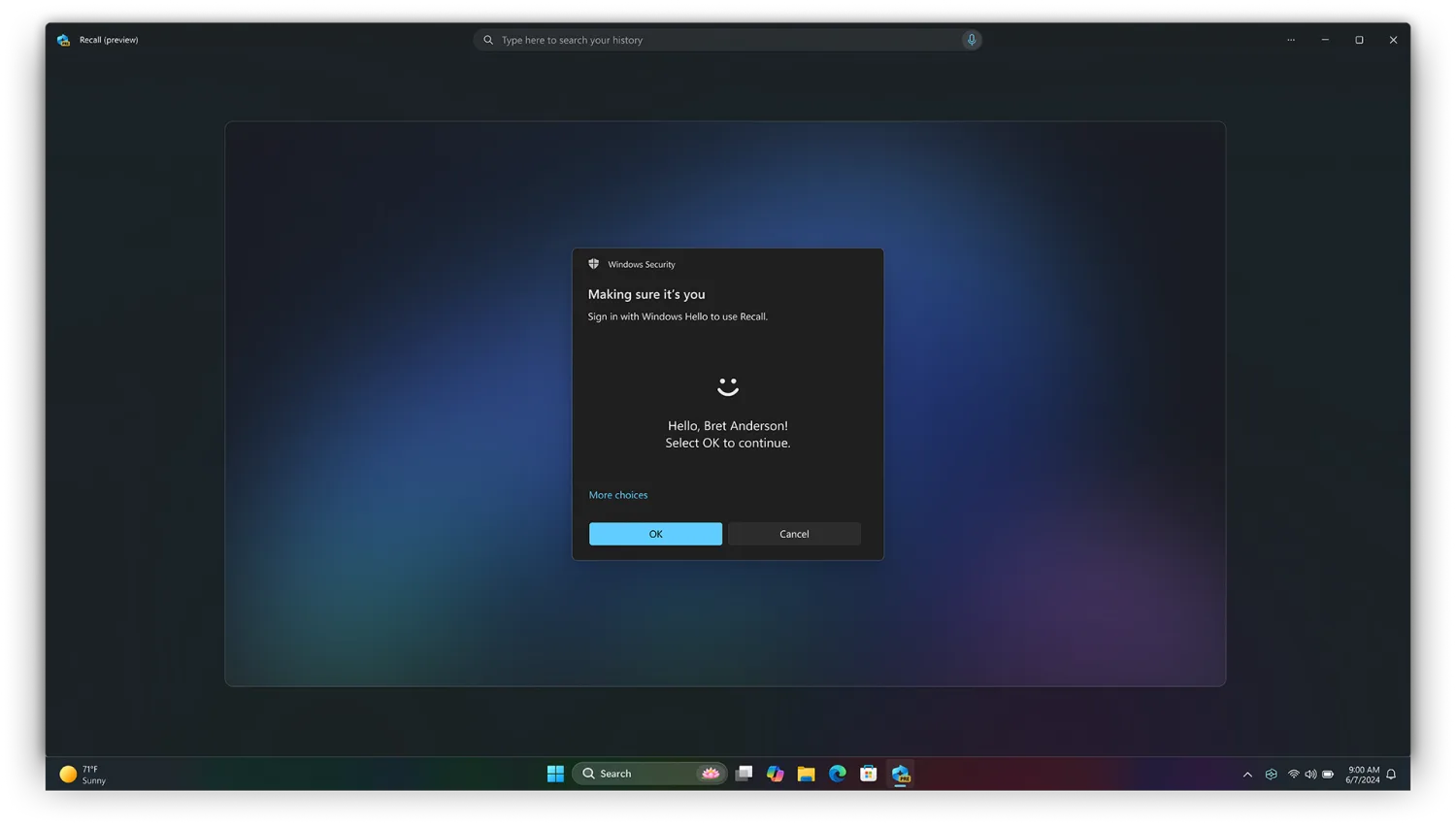 A Windows Hello authentication dialog gating access to Microsoft Recall, reading 'Making sure it's you'