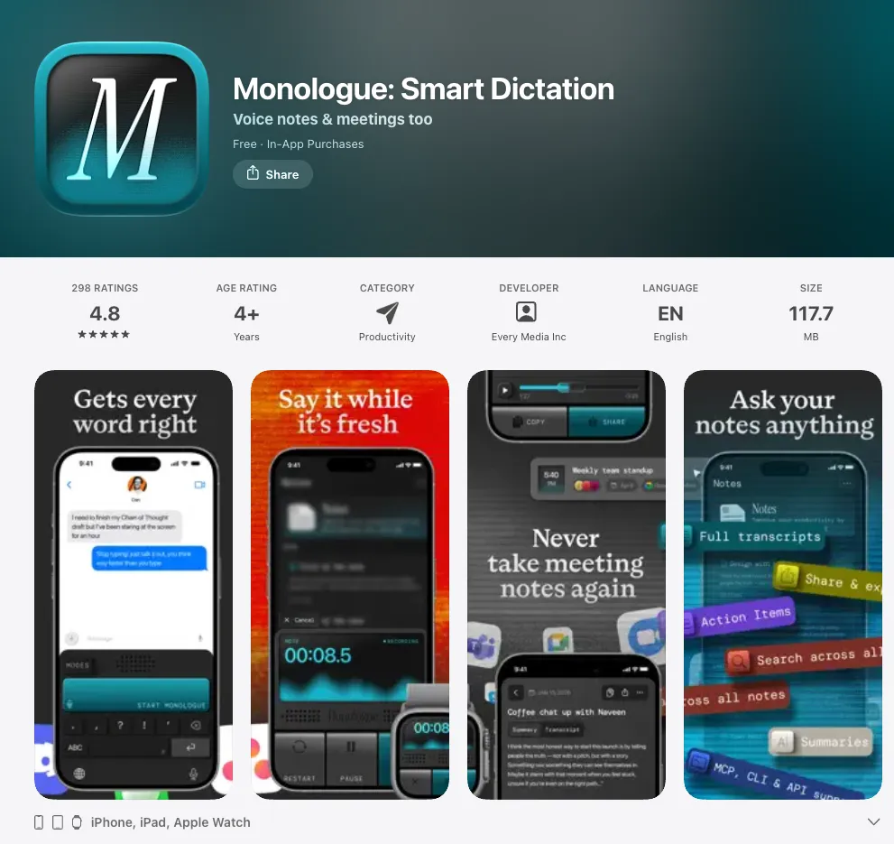 US App Store listing for Monologue: Smart Dictation by Every Media Inc, rated 4.8 from 298 ratings, free with in-app purchases, available for iPhone, iPad and Apple Watch