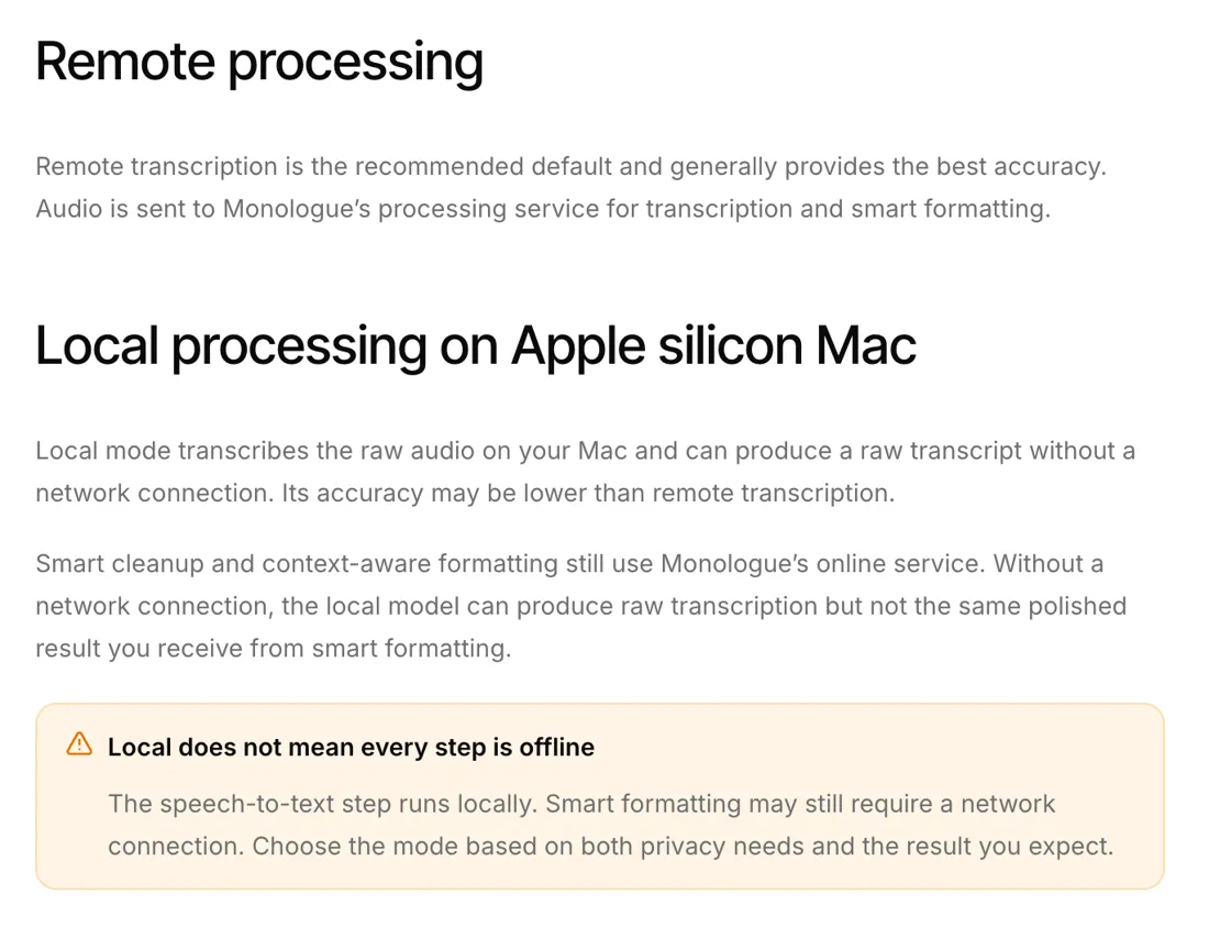 Monologue help page sections on remote processing and local processing on Apple silicon Mac, with a warning box saying local does not mean every step is offline