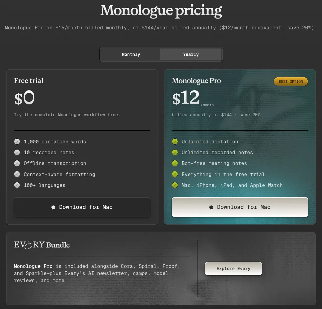 Monologue pricing page showing a $0 free trial with 1,000 dictation words and 10 recorded notes, Monologue Pro at $12 a month billed annually at $144, and an Every bundle panel