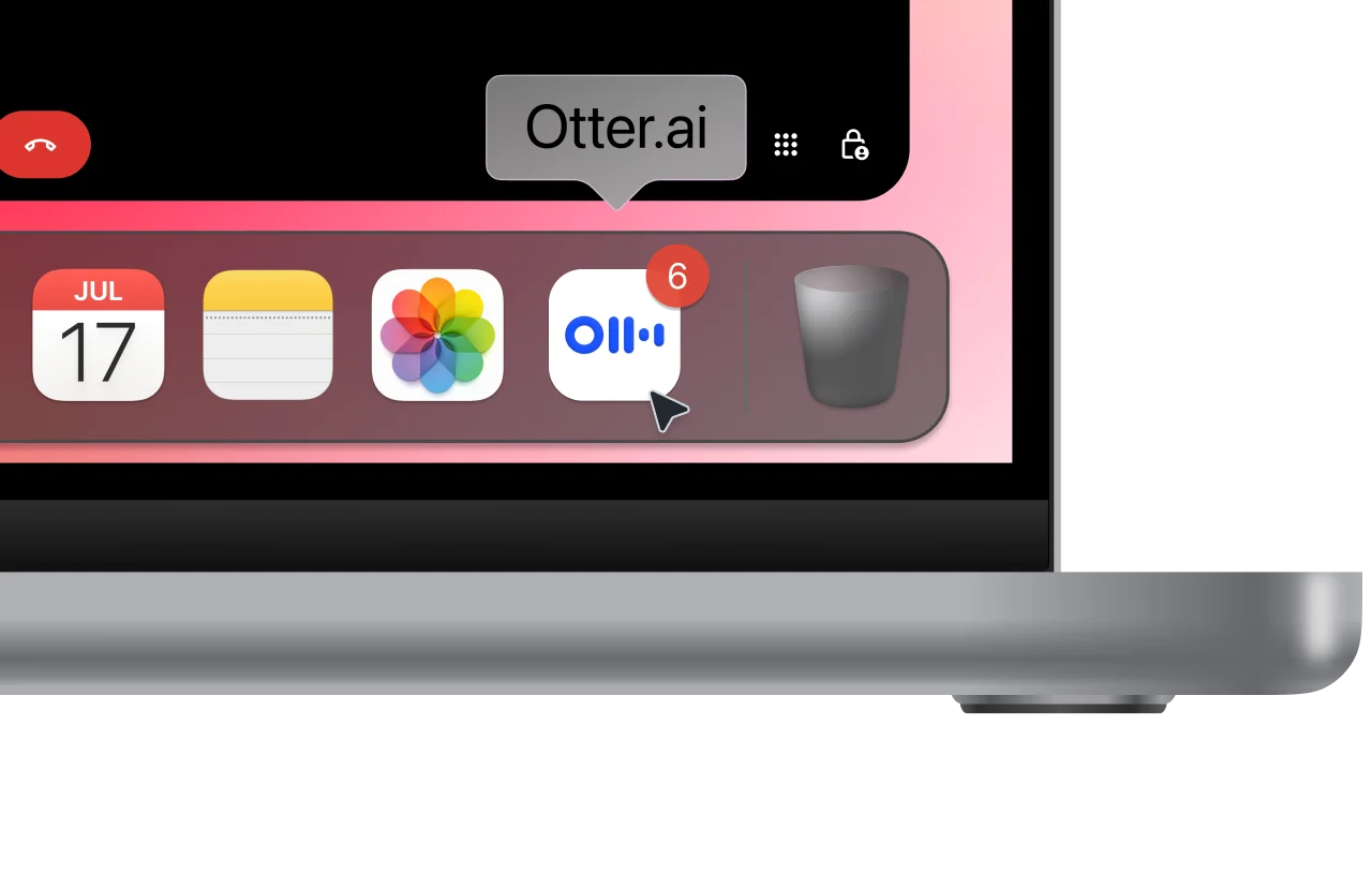 Otter.ai dock icon with a notification badge on a MacBook screen — illustrating the always-on, cloud-connected meeting recorder model. Sourced from otter.ai.