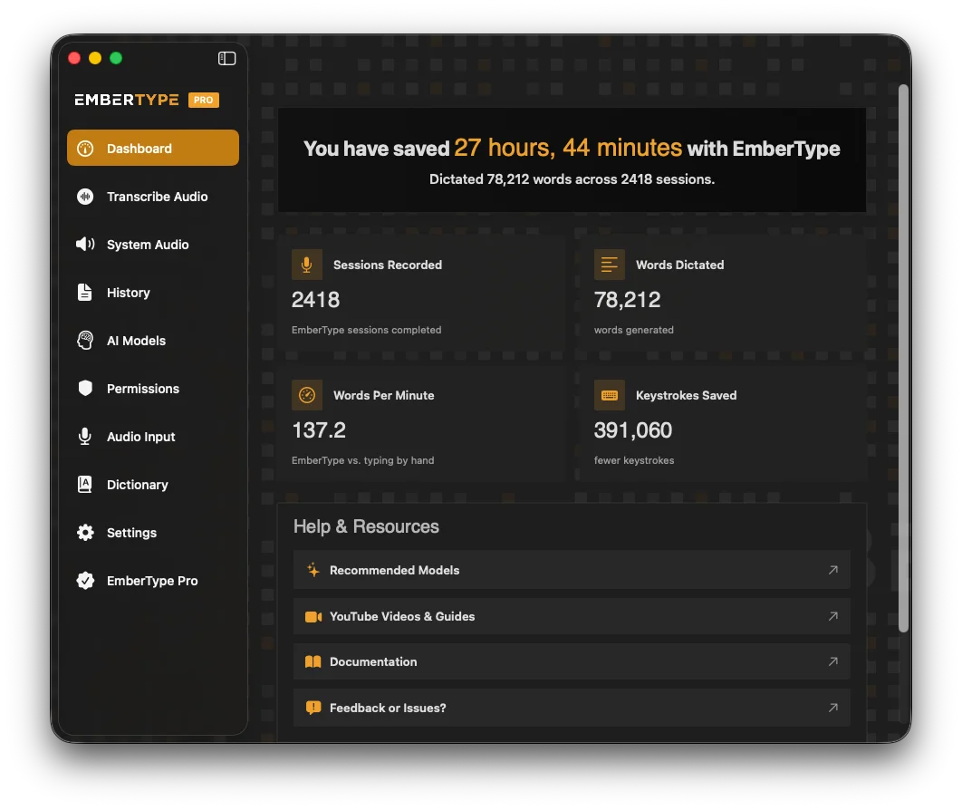 EmberType dashboard on macOS showing the dictation hotkey, microphone and active local Whisper model