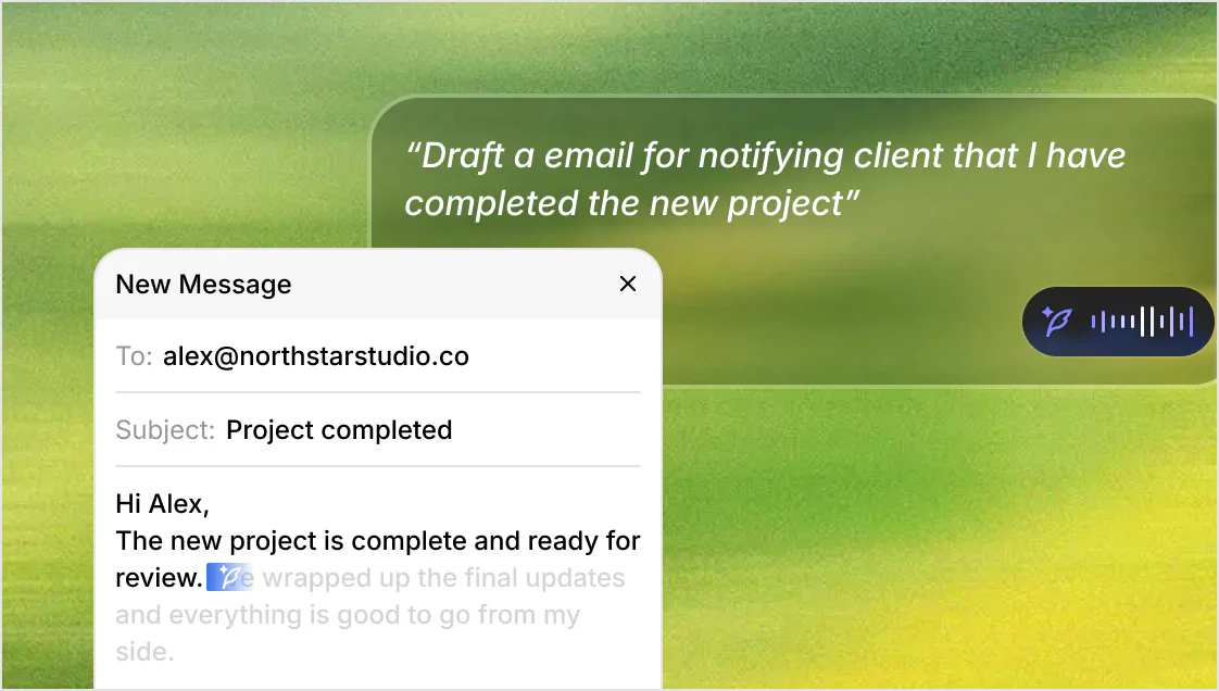OpenWhispr illustration of its voice assistant: a spoken request to draft an email appears in a bubble while the drafted reply streams into a New Message window