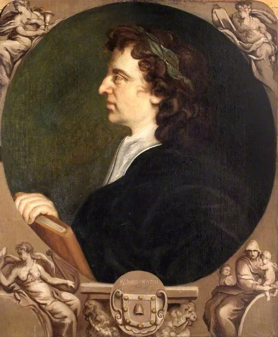 Oil portrait of the poet John Milton, shown in three-quarter view with long hair and a dark coat