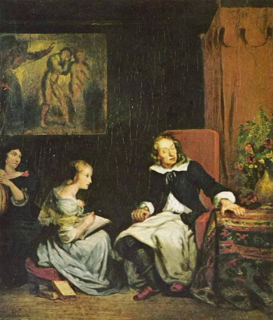 Romantic painting of the blind, seated John Milton dictating Paradise Lost to two young women who write down his words