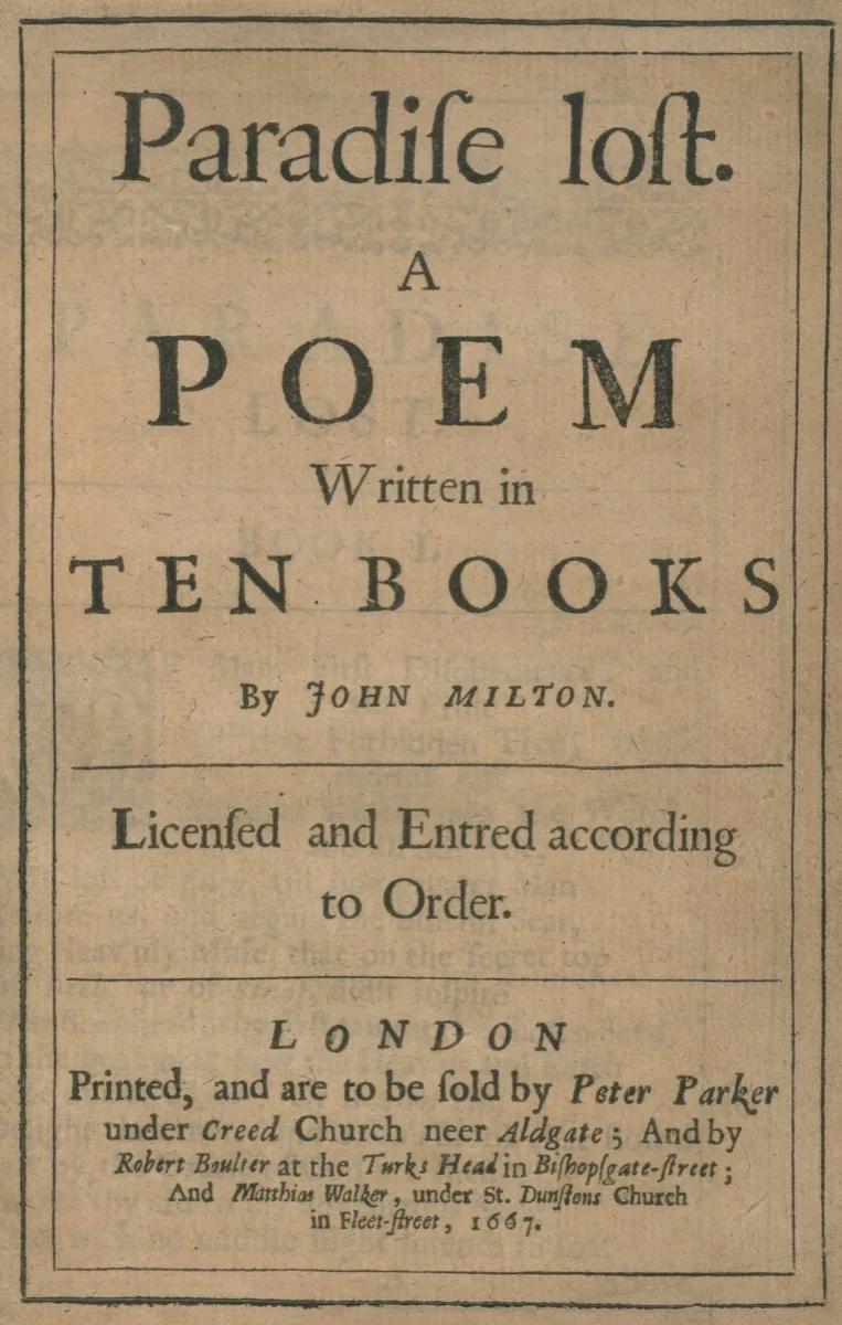 Title page of the 1667 first edition of John Milton's Paradise Lost, with period typography