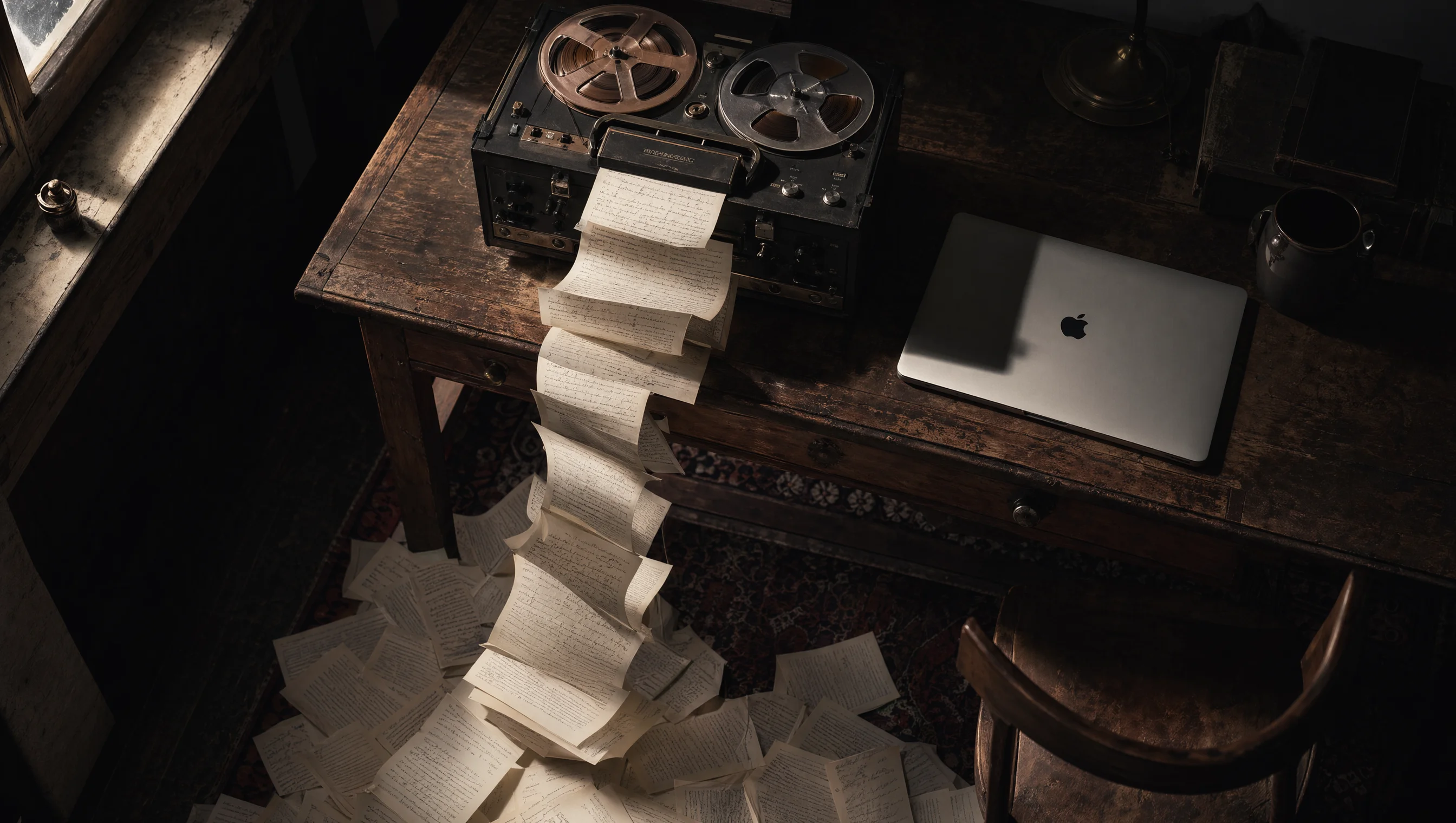 A desktop flat lay with a MacBook, microphone, and transcription notes