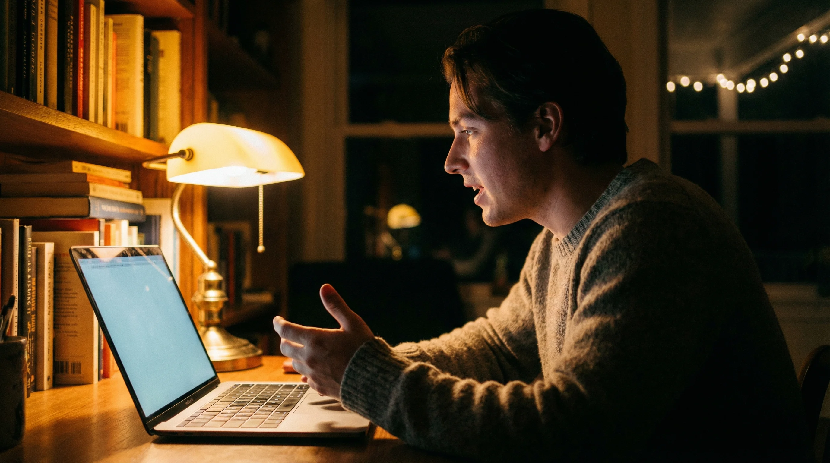 Man dictating to his MacBook in a dimly lit home office at night using speech to text software