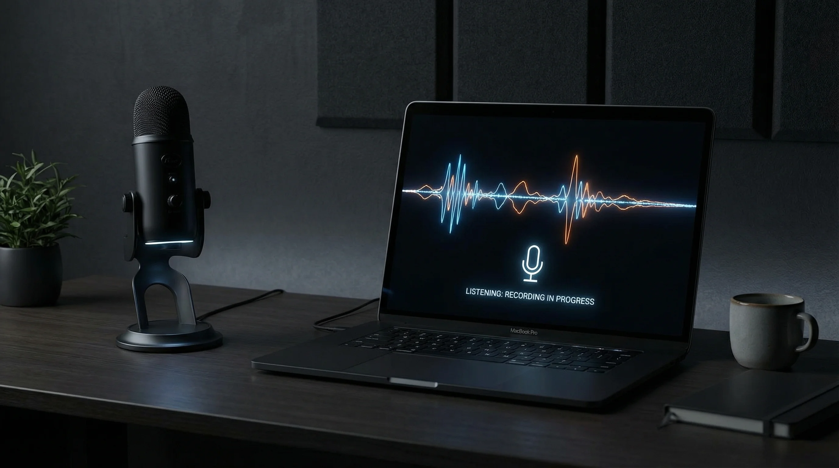 Speech to text software running on a MacBook Pro with microphone and audio waveform visualization