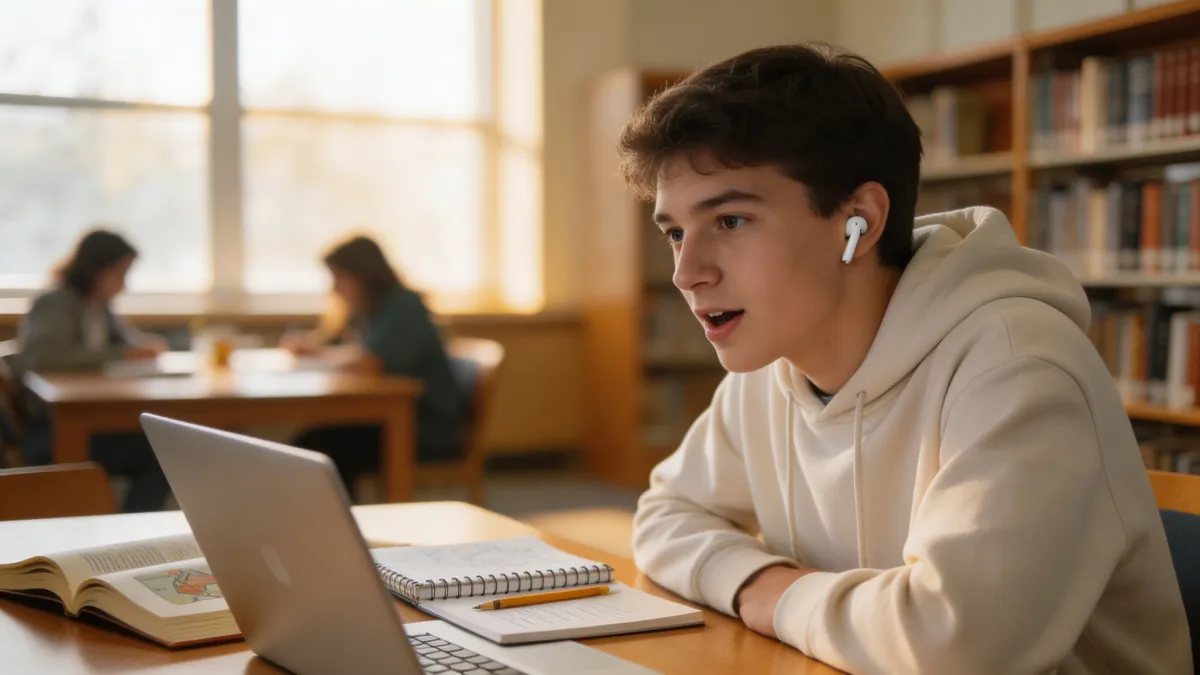 Student using voice dictation on a laptop in a school library -speech to text for learning disabilities