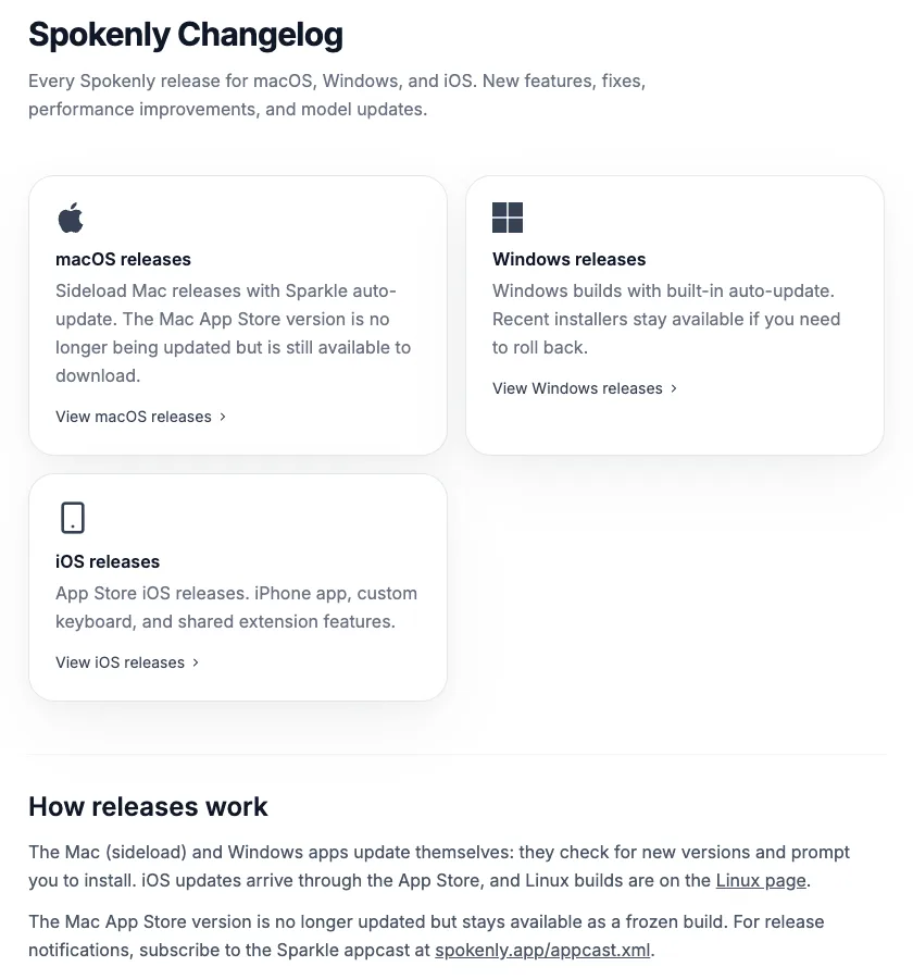 Spokenly changelog page stating that sideload Mac releases auto-update with Sparkle and that the Mac App Store version is no longer updated but stays available as a frozen build