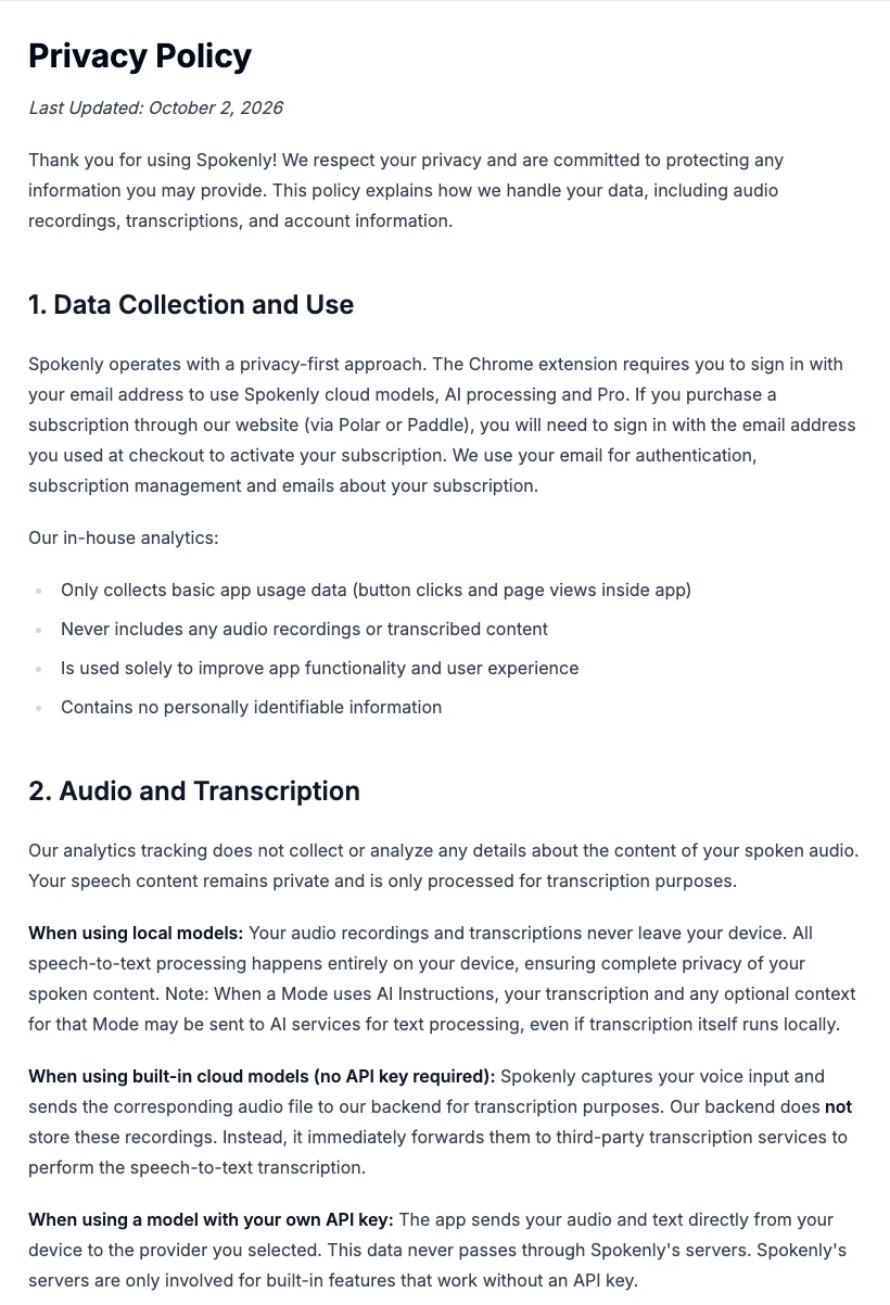 Spokenly privacy policy sections 1 and 2, describing email sign-in, in-house analytics, and how audio is handled with local models, built-in cloud models and your own API key
