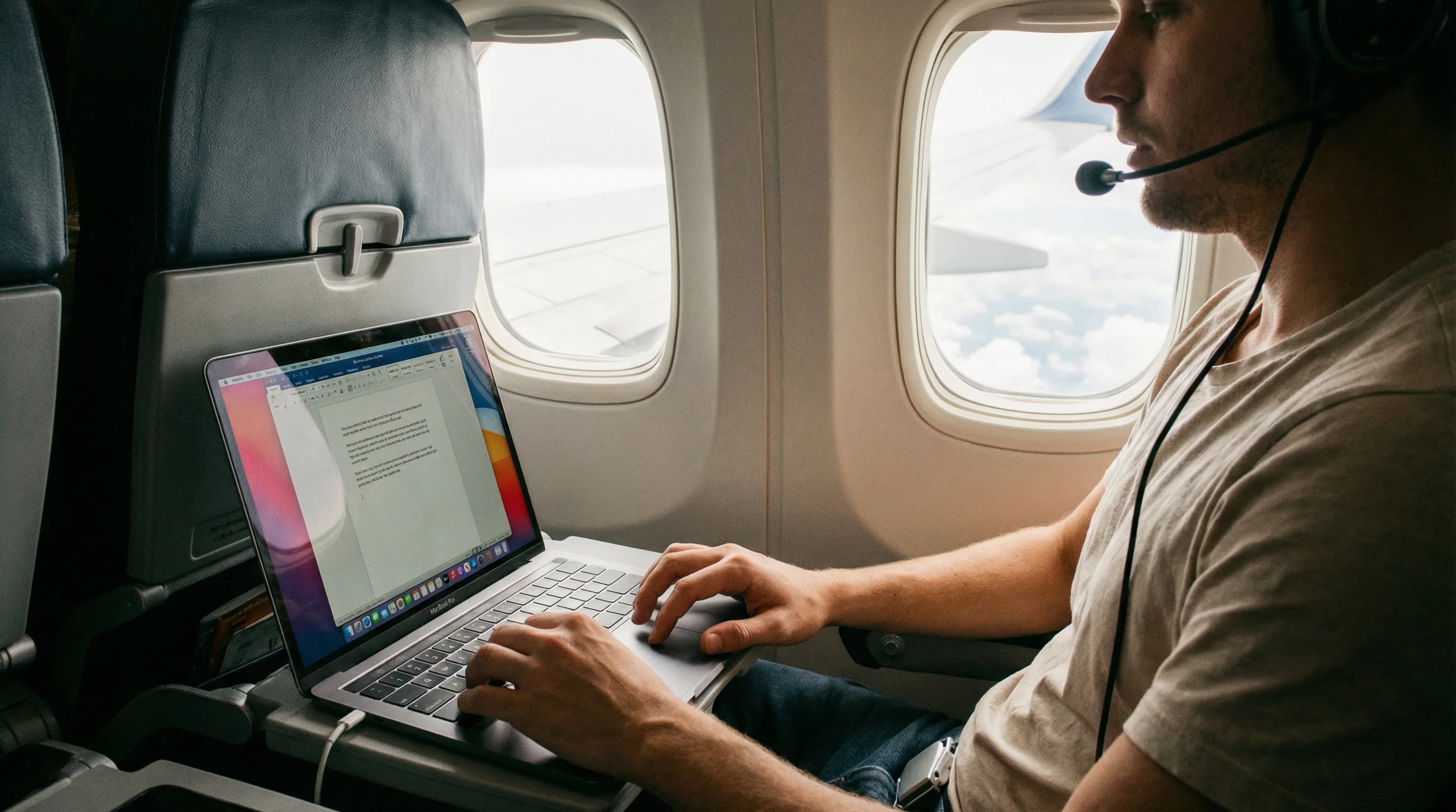 Man using MacBook with headset microphone on an airplane -offline dictation works at 35,000 feet without Wi-Fi