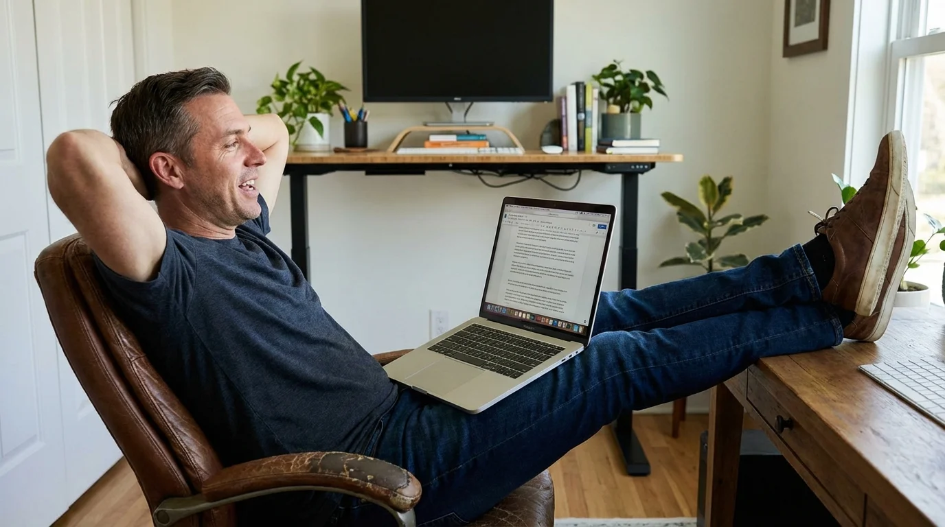 Man leaning back in office chair with feet up, dictating to his MacBook -talk to type on Mac without touching the keyboard