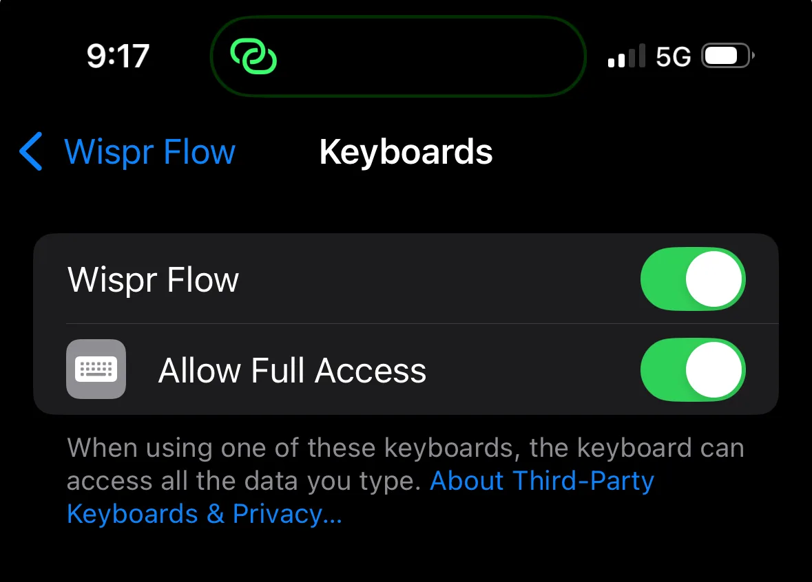 iOS Settings → Keyboards screen showing the Wispr Flow keyboard enabled and the 'Allow Full Access' toggle switched on, with Apple's warning: 'When using one of these keyboards, the keyboard can access all the data you type.'