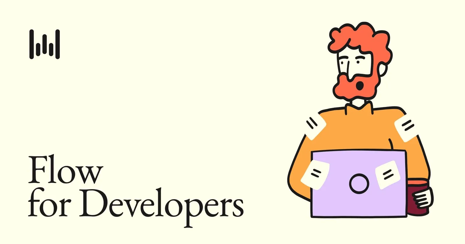 Official 'Flow for Developers' marketing banner from the Wispr Flow developers landing page (wisprflow.ai/developers), featuring the Wispr Flow logomark and a cartoon engineer at a laptop