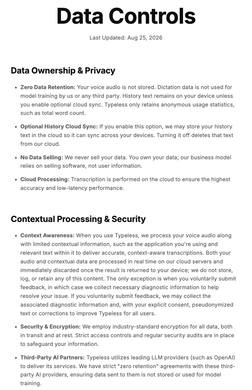 Typeless Data Controls page listing Zero Data Retention, Optional History Cloud Sync, No Data Selling, Cloud Processing, Context Awareness, Security and Encryption, and Third-Party AI Partners