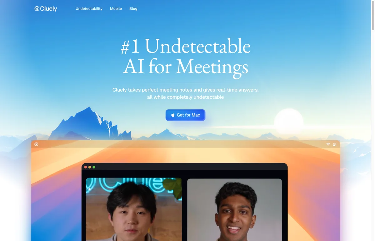 Cluely homepage in 2026 marketing itself as the number one undetectable AI for meetings, which is meeting transcription with an LLM summary in a hoodie