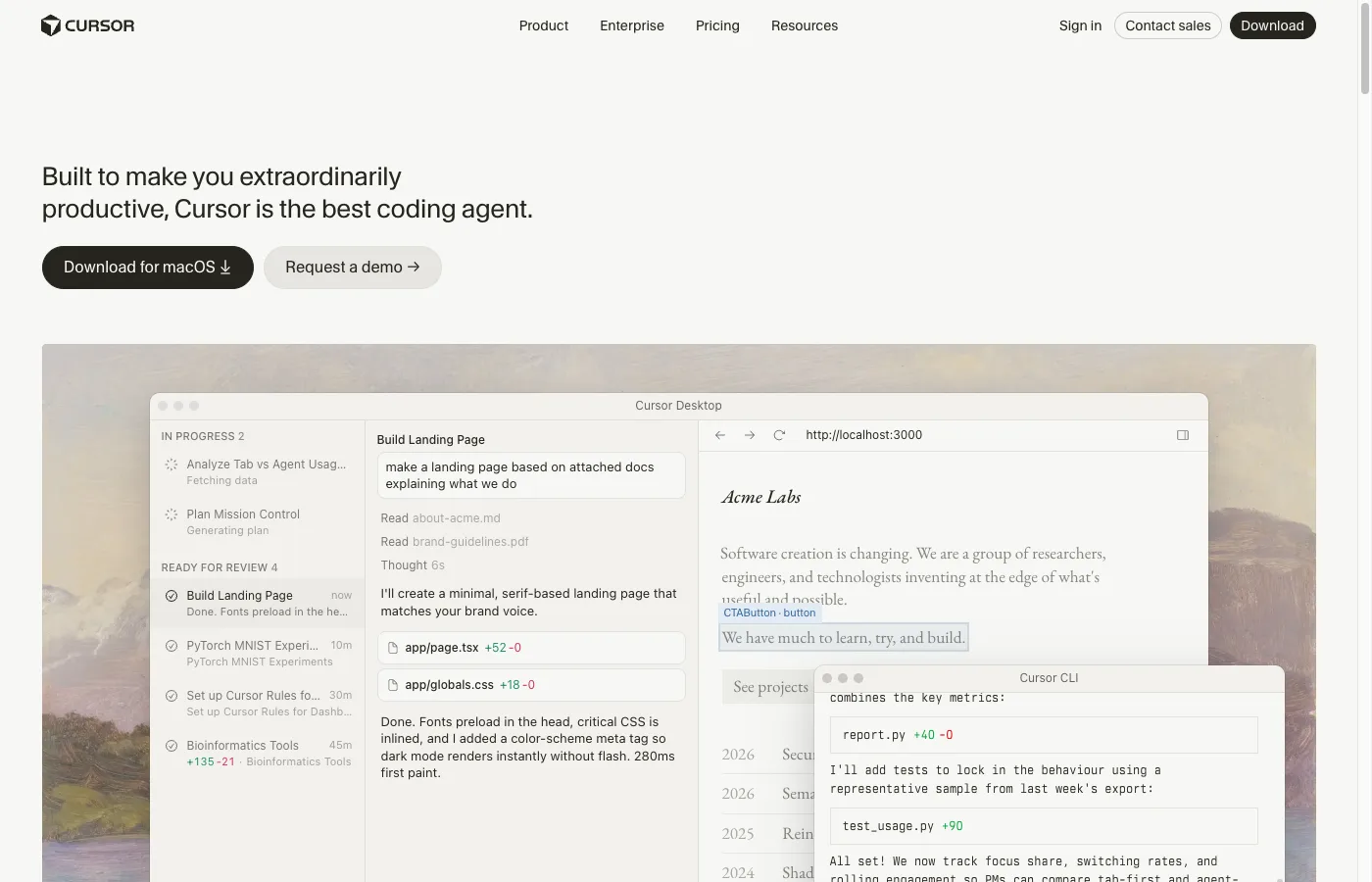 Cursor IDE homepage in 2026 selling itself as the best coding agent, an AI-powered fork of VS Code that accepts voice input