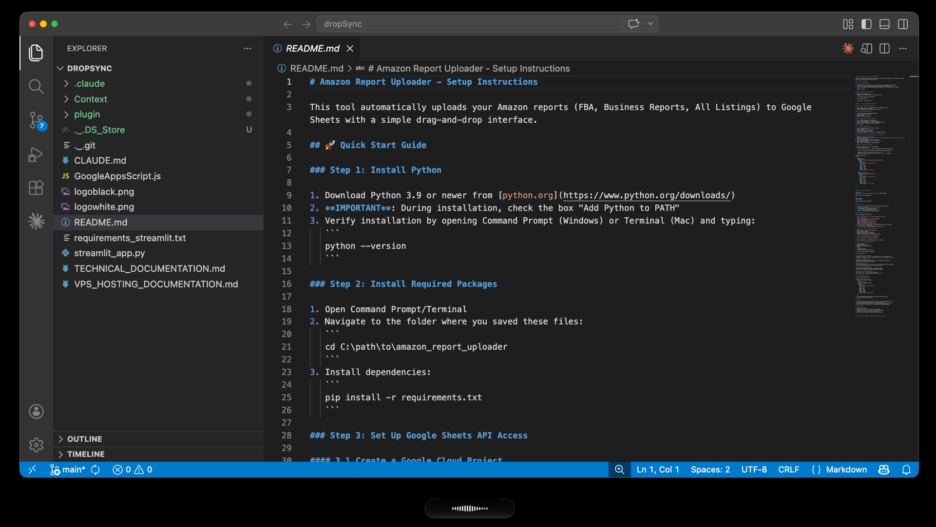 VS Code showing dropSync project built by vibe coding with voice - Amazon Report Uploader with Streamlit and Google Sheets integration
