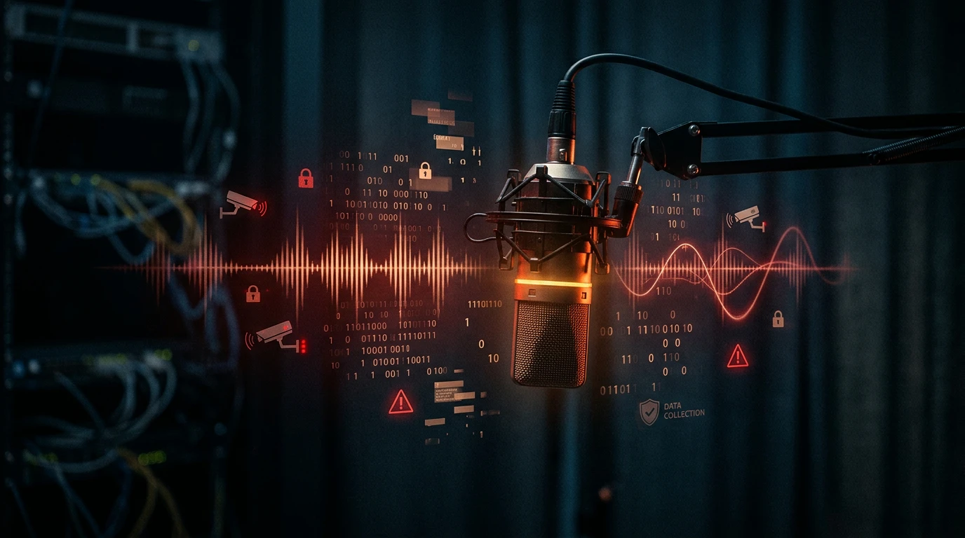 AI voice privacy crisis — microphone with digital surveillance elements and data streams