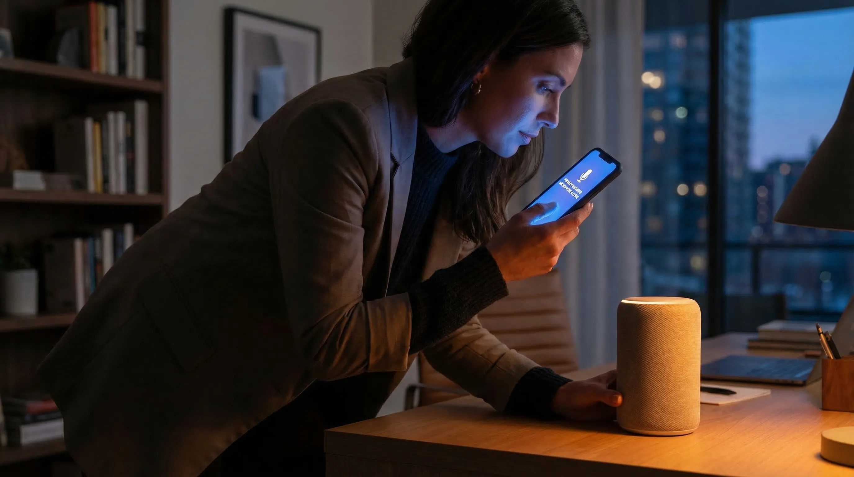 Woman looking at phone near a smart speaker in a dimly lit home office, illustrating voice assistant privacy concerns
