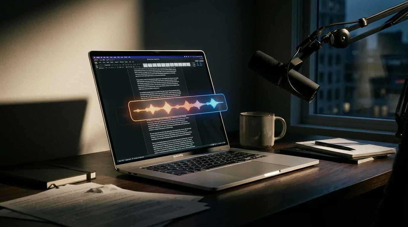 Professional condenser microphone on a dark desk with a MacBook displaying audio waveforms