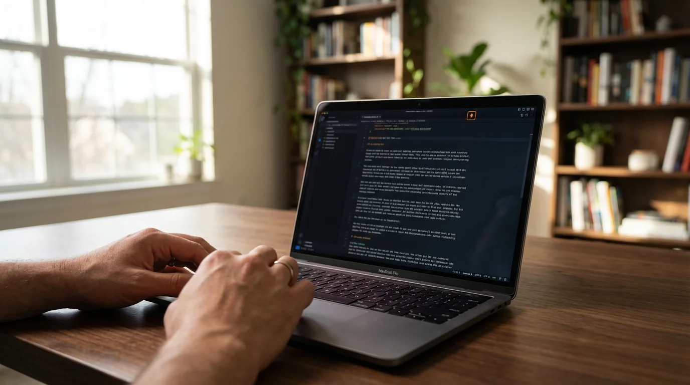 Person's hands resting near a MacBook keyboard in a home office with natural window light and bookshelves in soft bokeh