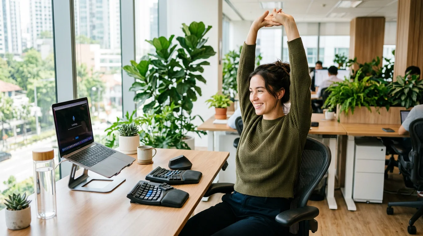 Ergonomic Mac workstation with standing desk, external microphone, and hands resting comfortably away from keyboard during voice dictation session