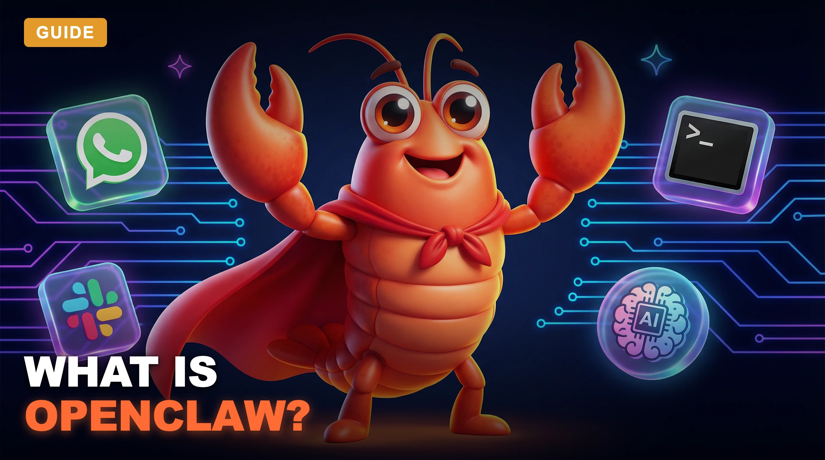 MacBook Pro on a desk with holographic AI assistant icons floating above the screen, representing OpenClaw's capabilities