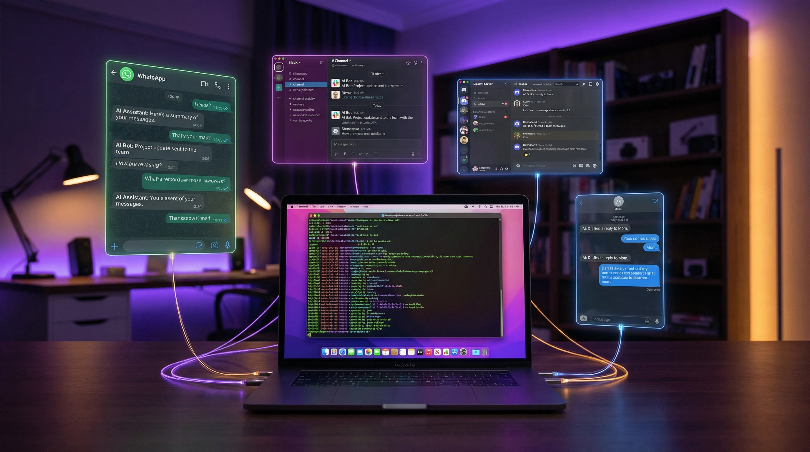 OpenClaw connected to WhatsApp, Slack, Discord, and iMessage through holographic panels around a MacBook