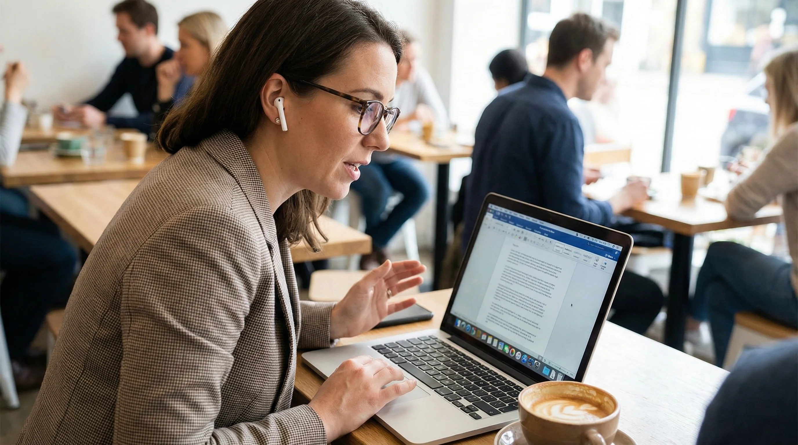 Woman speaking into her MacBook with AirPods at a busy coffee shop -using Whisper AI dictation in public without anyone noticing