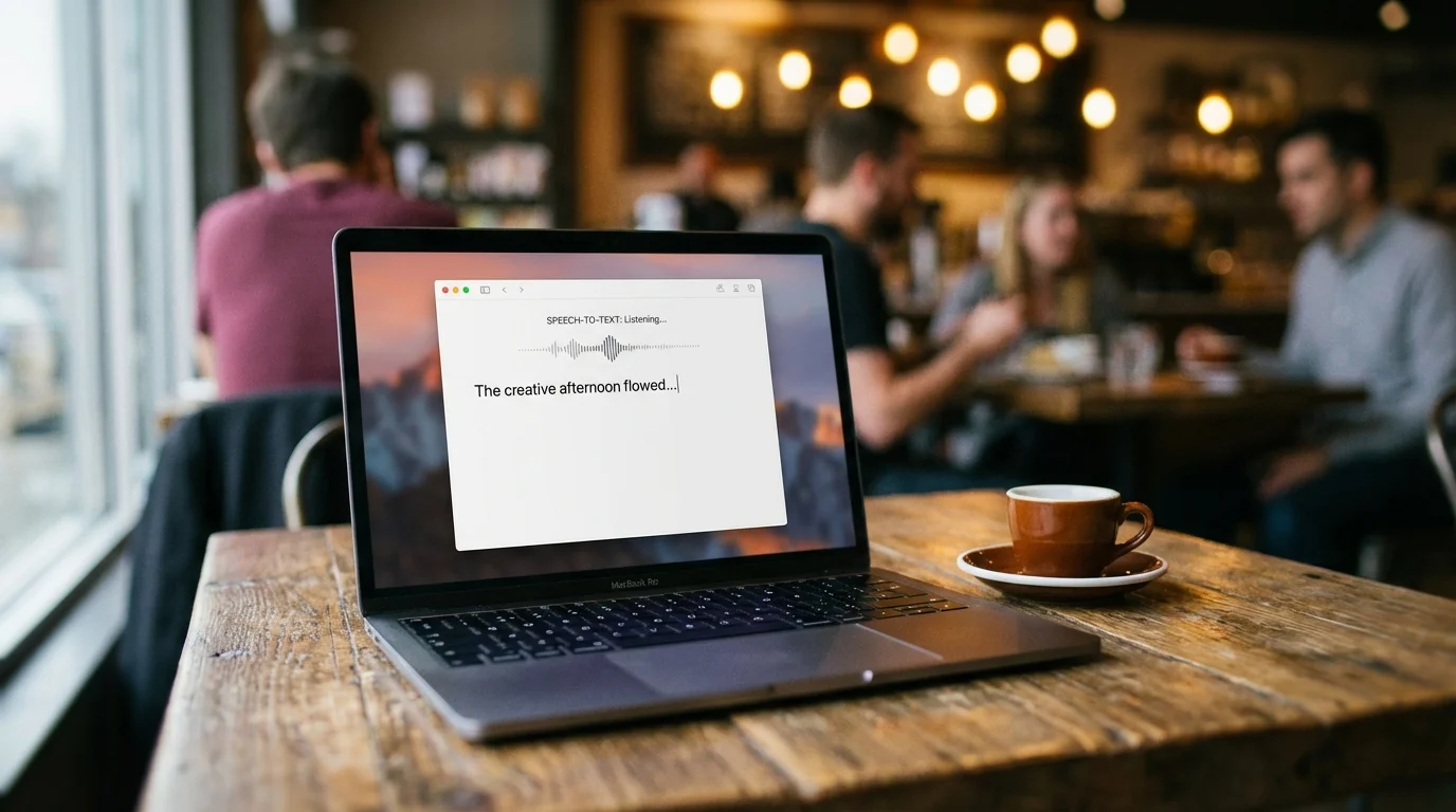 MacBook on a wooden cafe table showing a text editor with speech-to-text interface, espresso cup beside it, blurred warm coffee shop background with bokeh lights