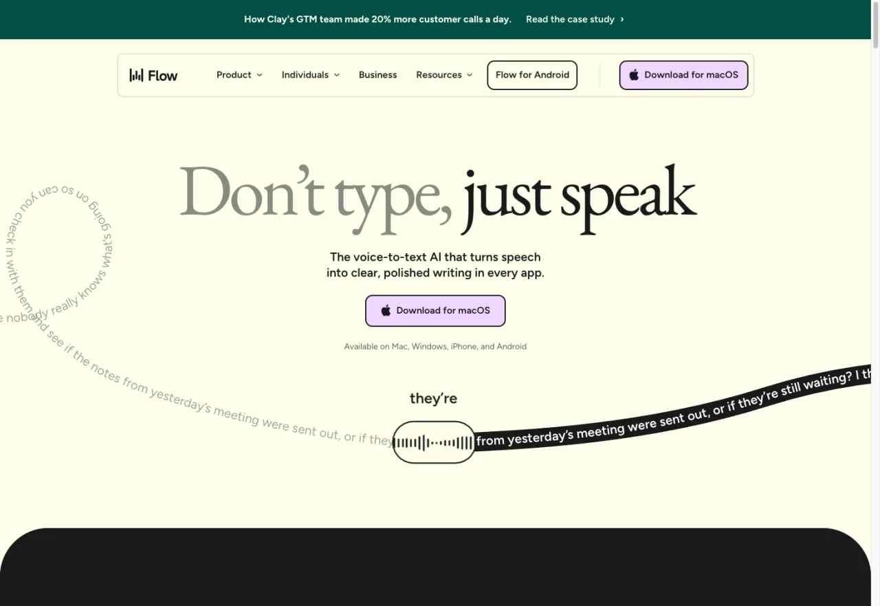 Screenshot of the Wispr Flow homepage with the headline 'Don't type, just speak' and a Download for macOS button
