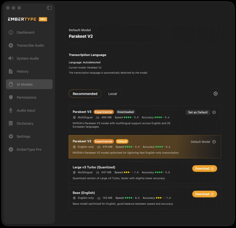 EmberType AI Models screen with downloadable local speech models