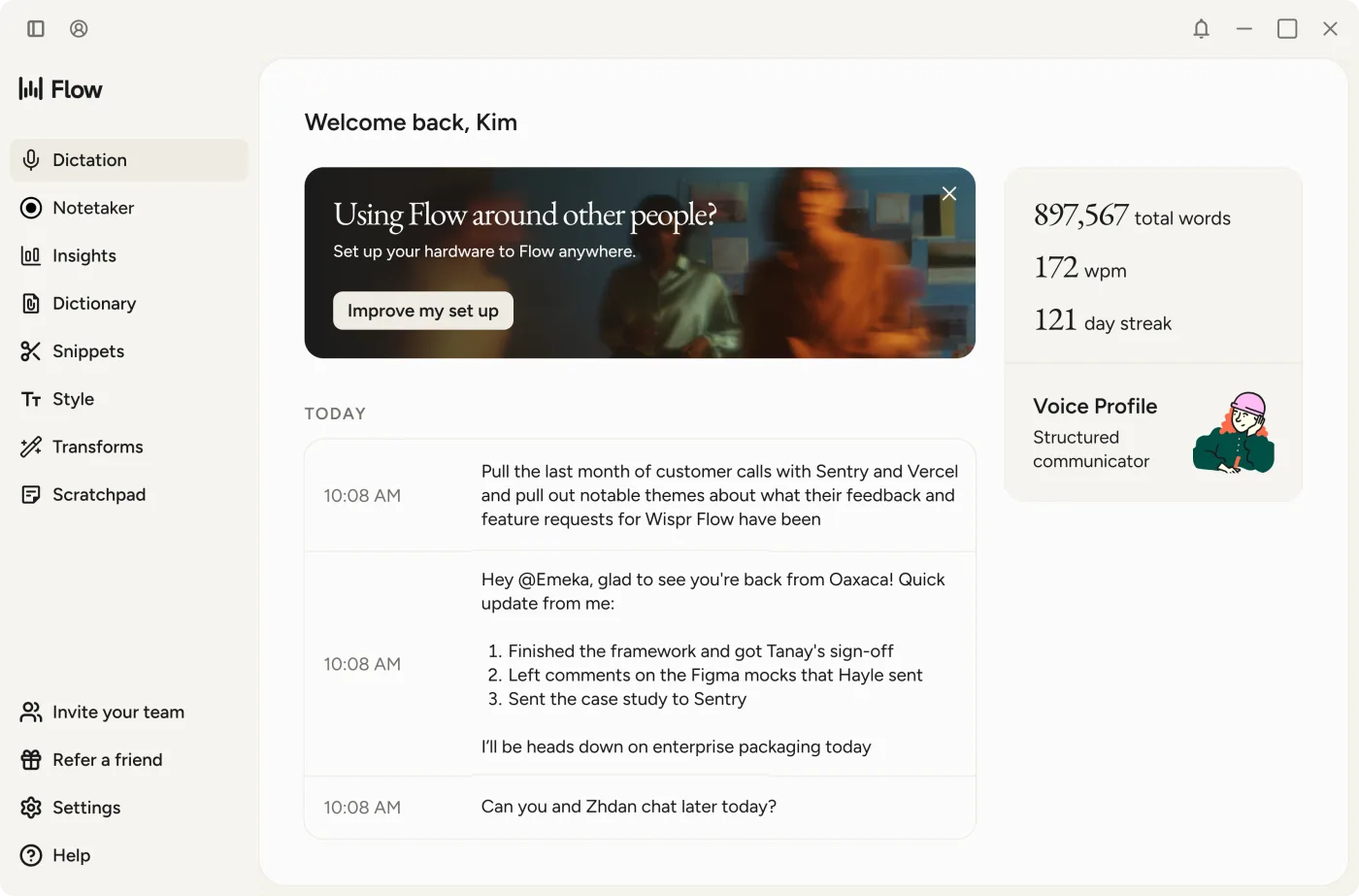 Wispr Flow desktop home screen with dictation history, total words and words per minute