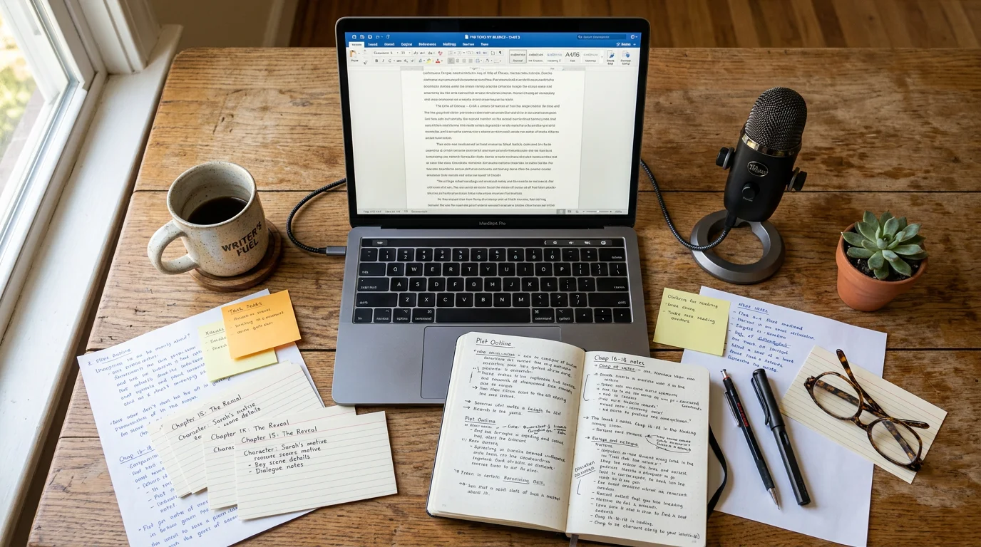 Split screen showing a Scrivener manuscript on the left and audio waveform on the right -voice dictation workflow for book writing on Mac