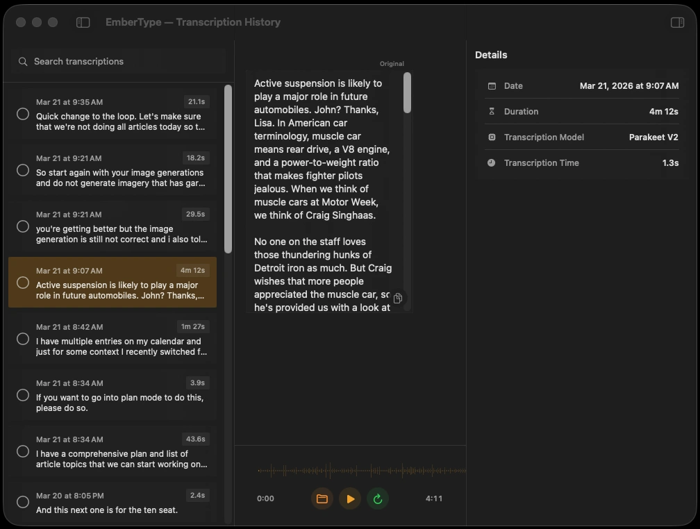 EmberType Transcription History showing selected transcription with full text, metadata, and audio playback