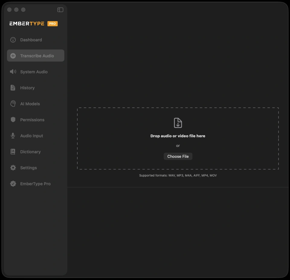 EmberType Transcribe Audio screen with drag-and-drop file upload area