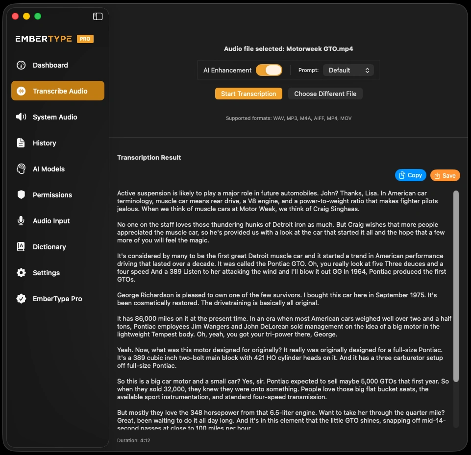 EmberType showing a completed audio transcription with copy and save buttons