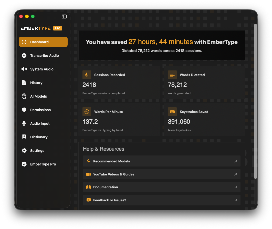 EmberType dashboard showing sessions recorded, words dictated, words per minute, and keystrokes saved after one month of use