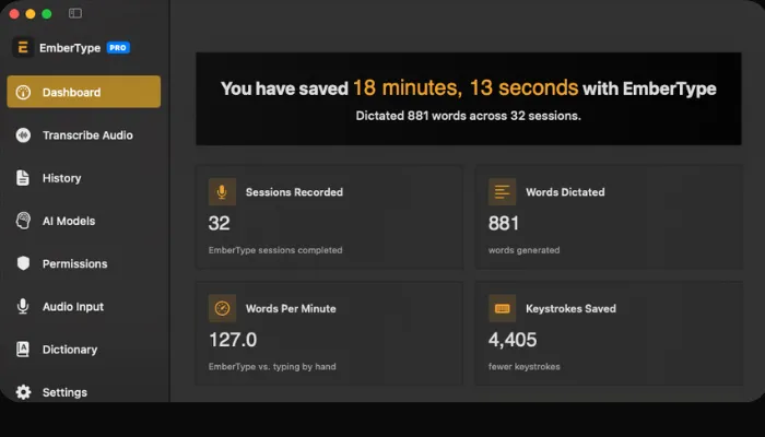 EmberType voice-to-text dictation app for macOS — dashboard interface